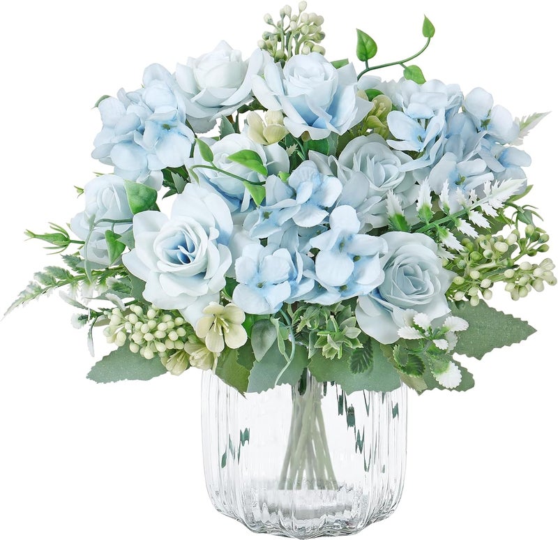 SOMYTING 3 Pcs Artificial Rose Silk Flowers, Faux Roses Fake Flowers Bouquet for Wedding Party Centerpiece Garden Home Decor (Blue) - Image 1