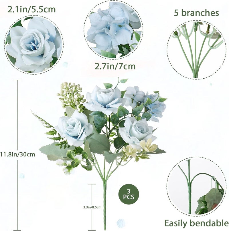 SOMYTING 3 Pcs Artificial Rose Silk Flowers, Faux Roses Fake Flowers Bouquet for Wedding Party Centerpiece Garden Home Decor (Blue) - Image 2