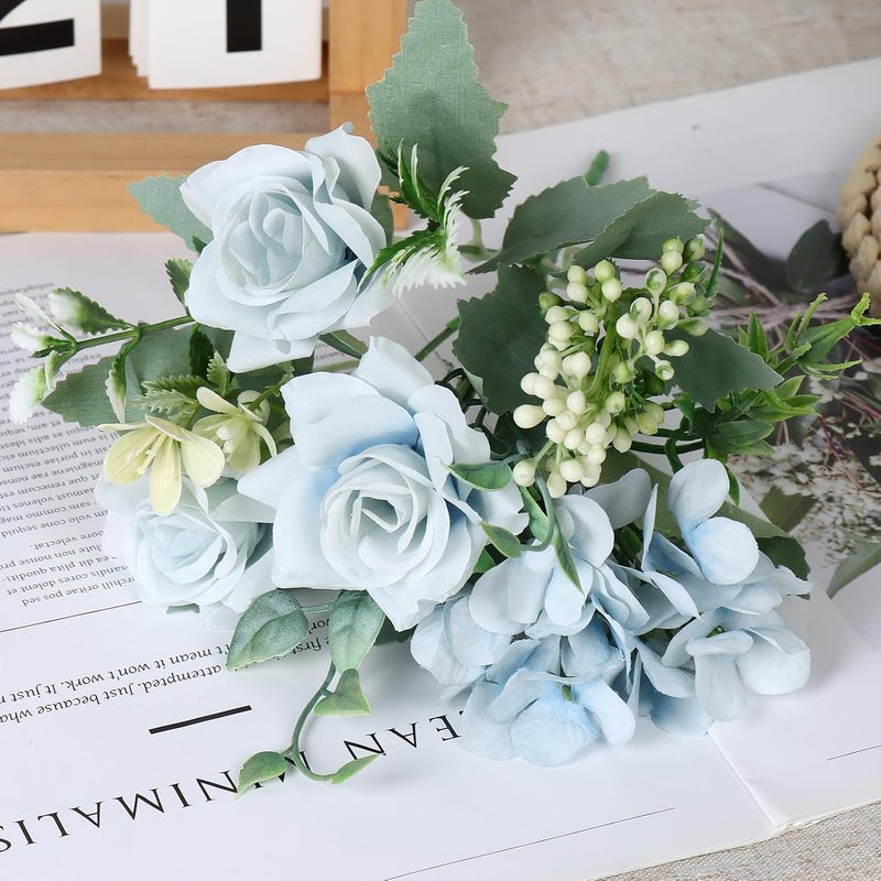 SOMYTING 3 Pcs Artificial Rose Silk Flowers, Faux Roses Fake Flowers Bouquet for Wedding Party Centerpiece Garden Home Decor (Blue) - Image 5