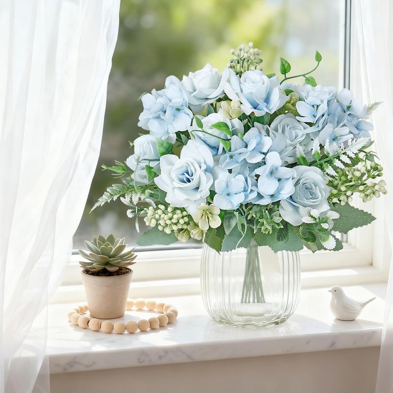 SOMYTING 3 Pcs Artificial Rose Silk Flowers, Faux Roses Fake Flowers Bouquet for Wedding Party Centerpiece Garden Home Decor (Blue) - Image 3
