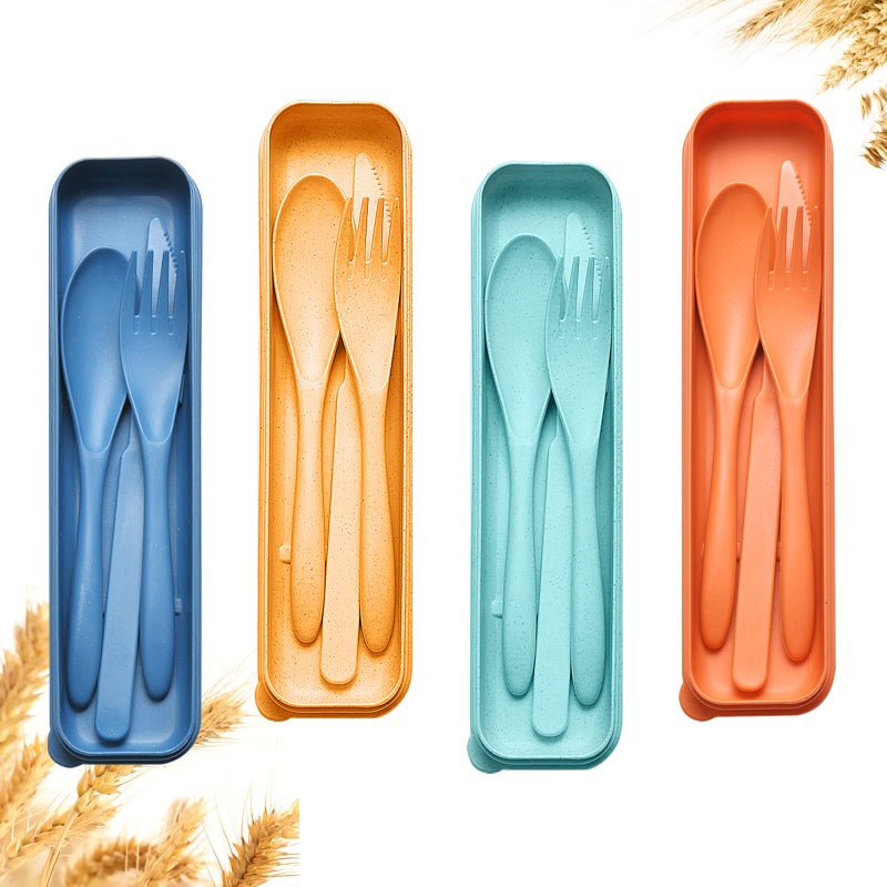Reusable Travel Utensils Set with Case 4 Sets Wheat Straw Portable Knife Fork Spoons Cutlery EcoFriendly BPA Free Plastic Tableware for Kids Adults Travel Picnic Camping Utensils
