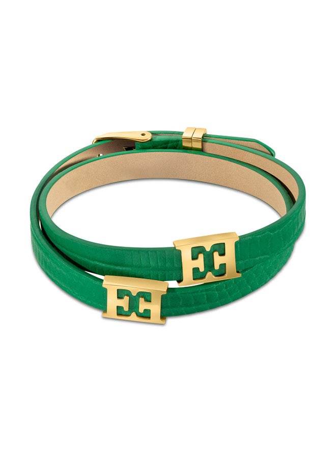 ESCADA Scarlett Gold Stainless Steel and Green Double Layered Leather Bracelet for Women