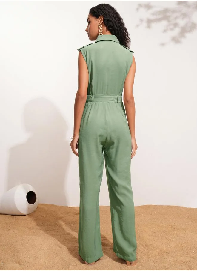 طوكيو توكيز Solid Sleeveless Collared Jumpsuit with Belt