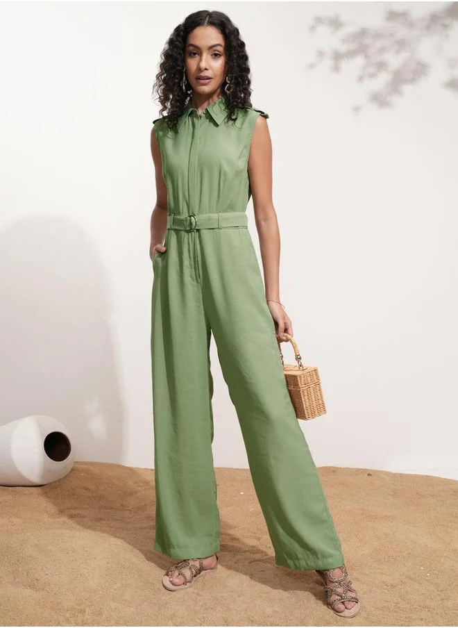 طوكيو توكيز Solid Sleeveless Collared Jumpsuit with Belt