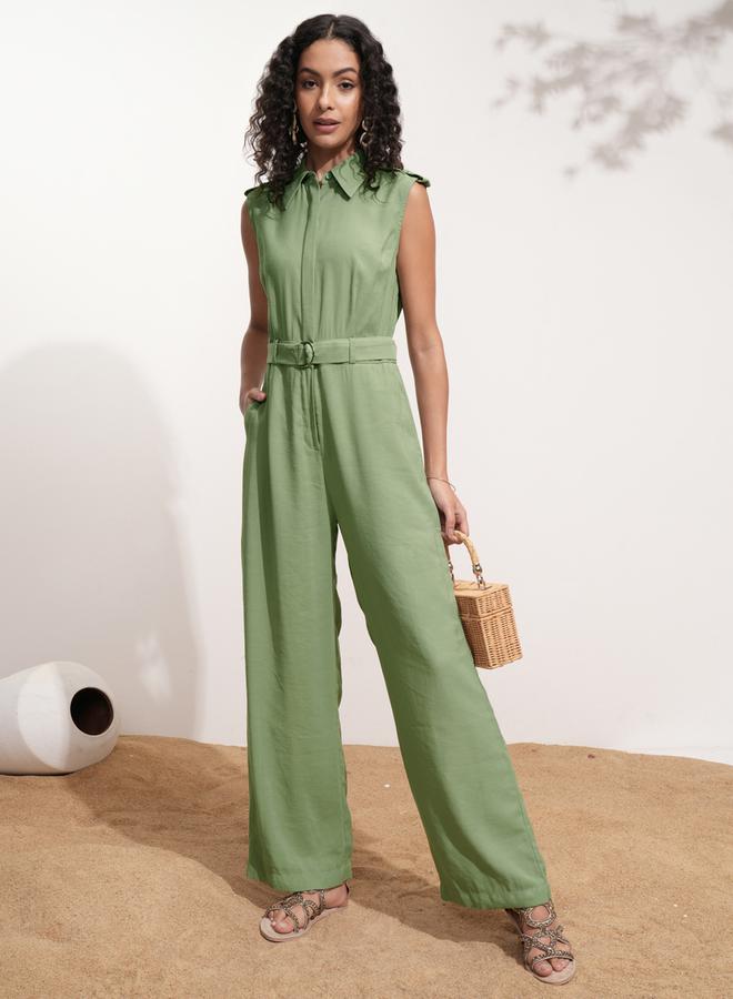 Tokyo Talkies Tokyo Talkies Solid Sleeveless Collared Jumpsuit with Belt  - Image 1