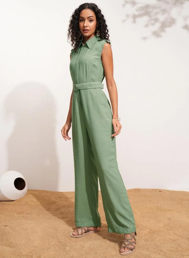 Tokyo Talkies Tokyo Talkies Solid Sleeveless Collared Jumpsuit with Belt