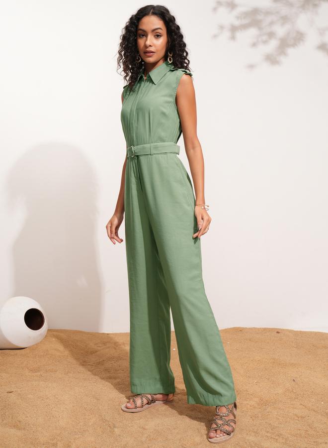 Tokyo Talkies Tokyo Talkies Solid Sleeveless Collared Jumpsuit with Belt  - Image 3
