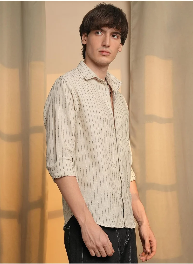 Campus Sutra Men's Canvas Beige Chalk-Striped Shirt