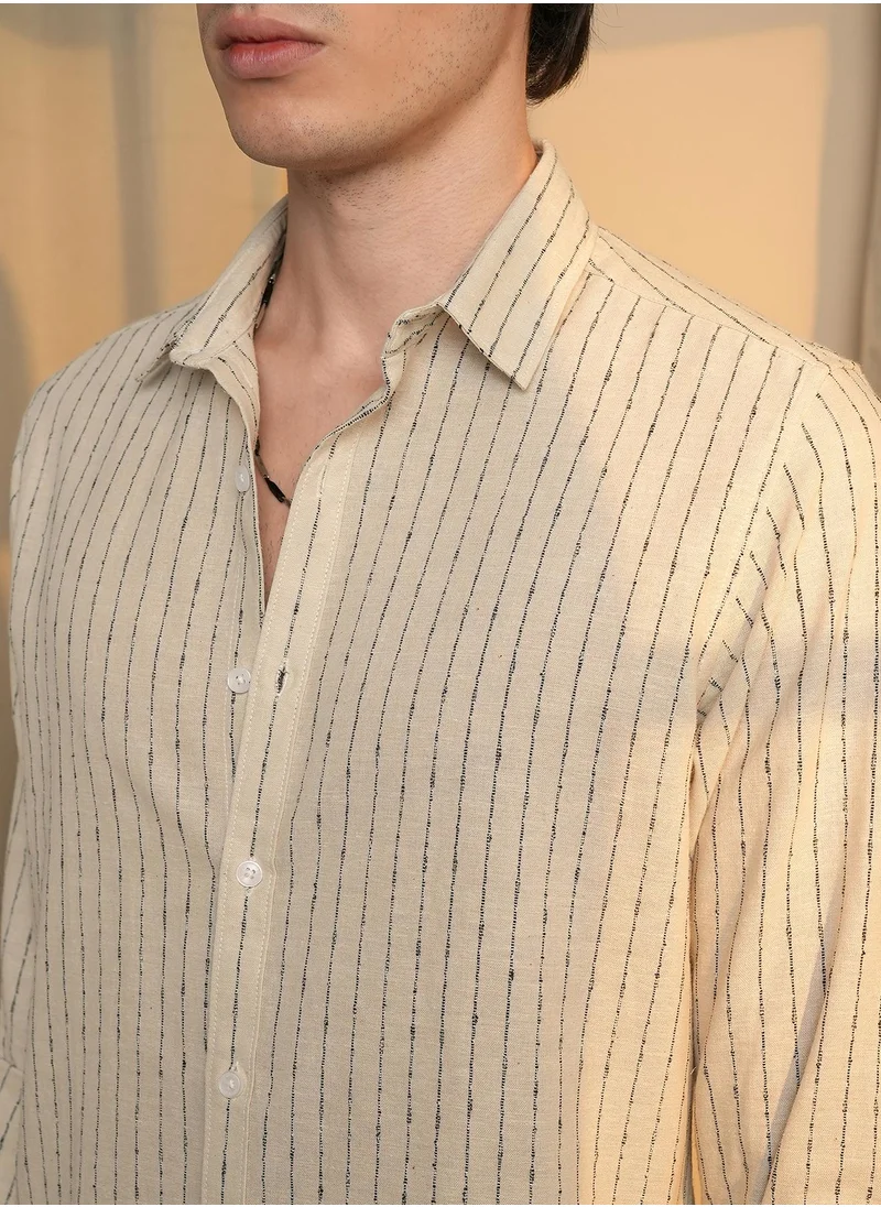 Campus Sutra Men's Canvas Beige Chalk-Striped Shirt