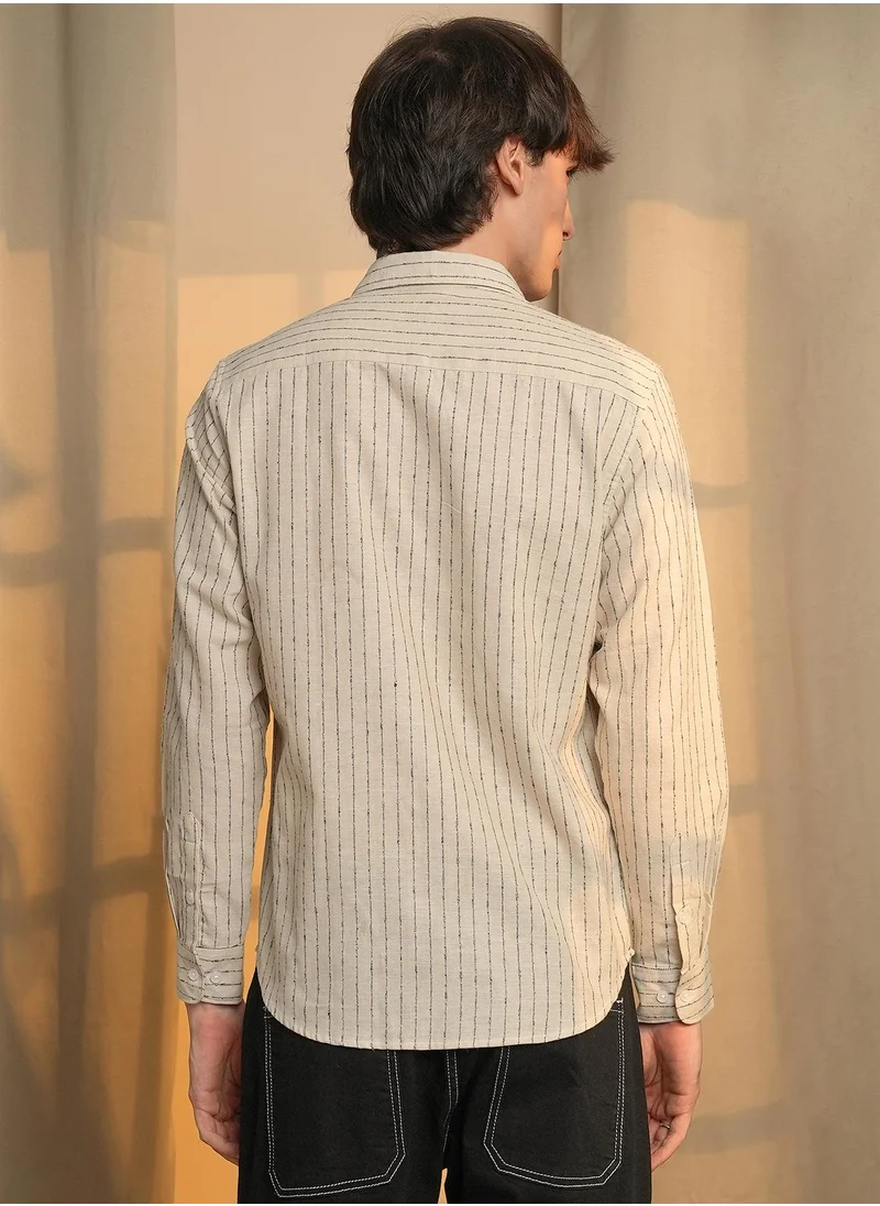 Campus Sutra Men's Canvas Beige Chalk-Striped Shirt