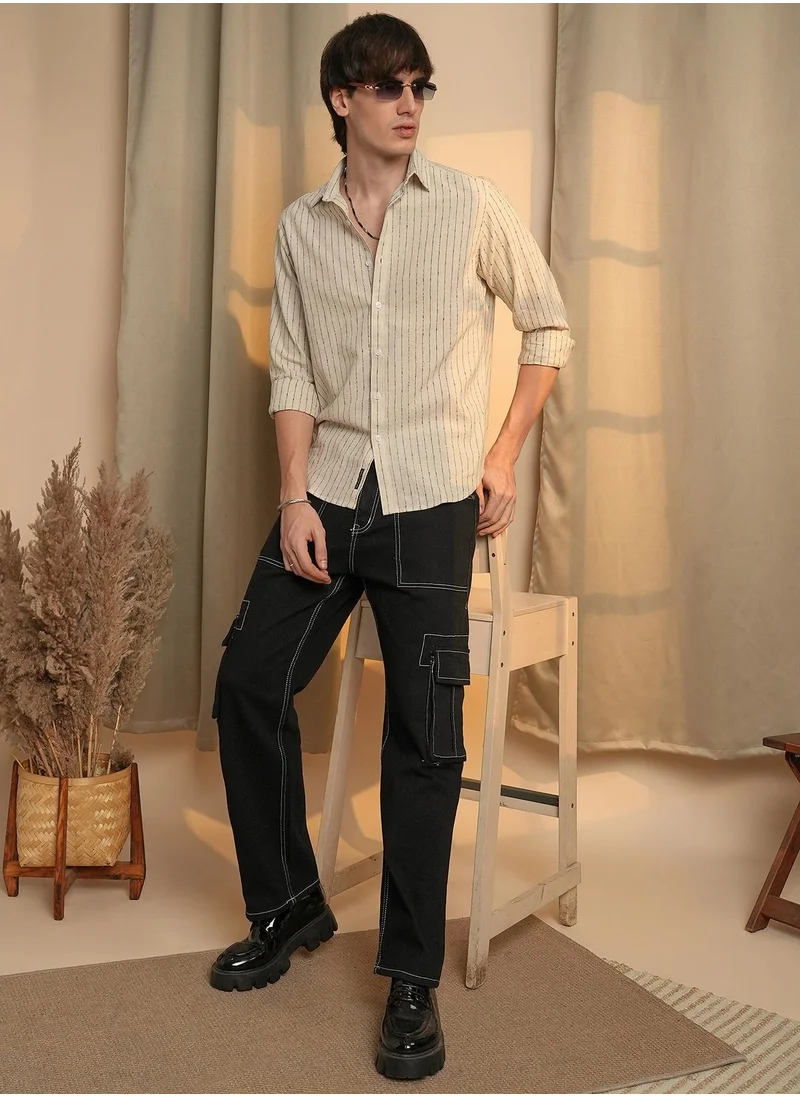 Campus Sutra Men's Canvas Beige Chalk-Striped Shirt