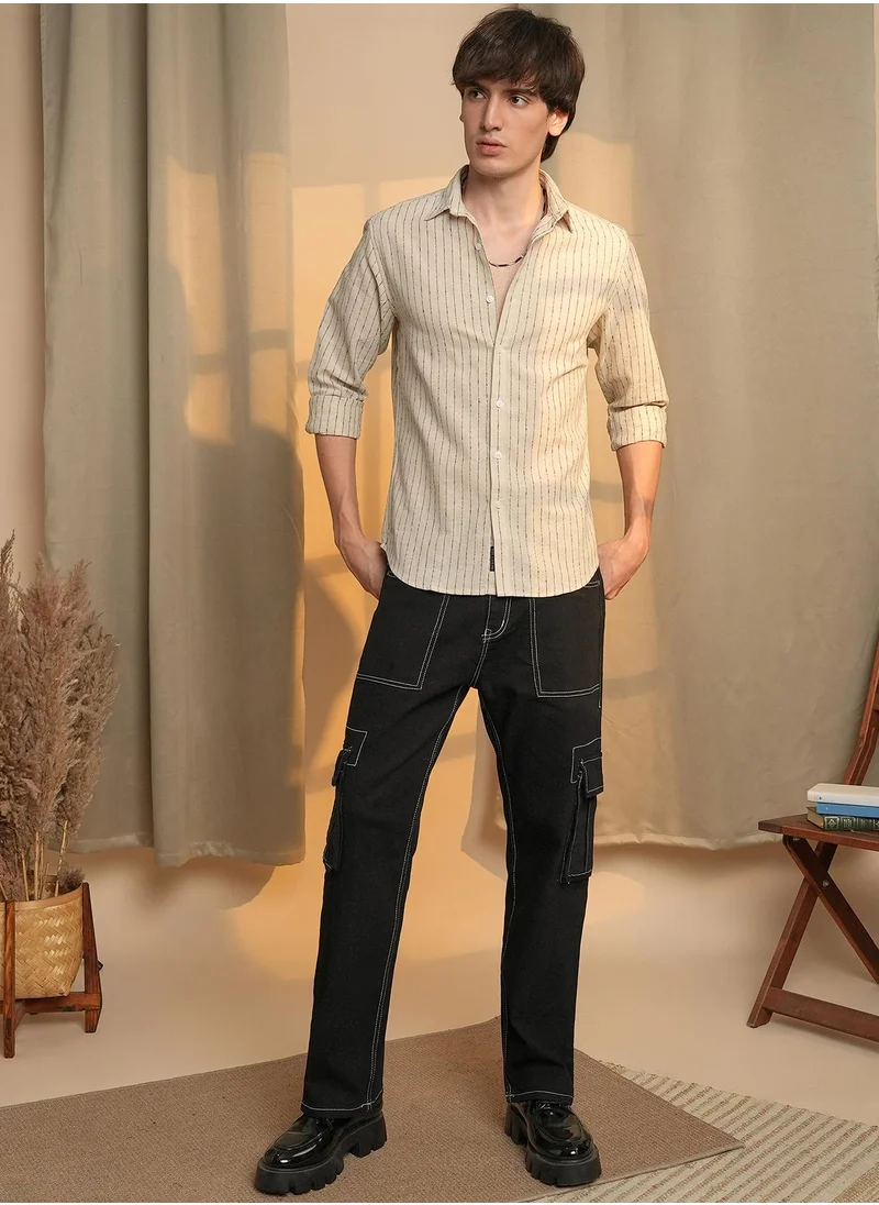 Campus Sutra Men's Canvas Beige Chalk-Striped Shirt