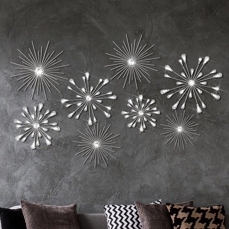 Blulu 8 Pcs Silver Metal Wall Art Cast Iron Starburst Wall Decor Bling Crystal Sculptures Living Room 3D Teardrop Radial Rhinestone Hanging Diamond Accents for Home Office Bedroom Entryway - Image 2