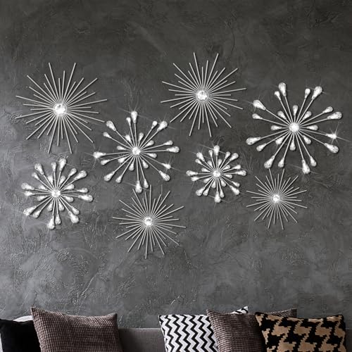 Blulu 8 Pcs Silver Metal Wall Art Cast Iron Starburst Wall Decor Bling Crystal Sculptures Living Room 3D Teardrop Radial Rhinestone Hanging Diamond Accents for Home Office Bedroom Entryway - Image 1