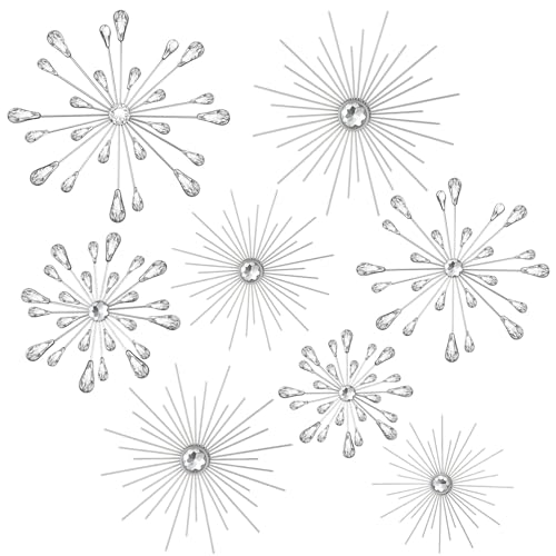 Blulu 8 Pcs Silver Metal Wall Art Cast Iron Starburst Wall Decor Bling Crystal Sculptures Living Room 3D Teardrop Radial Rhinestone Hanging Diamond Accents for Home Office Bedroom Entryway - Image 3