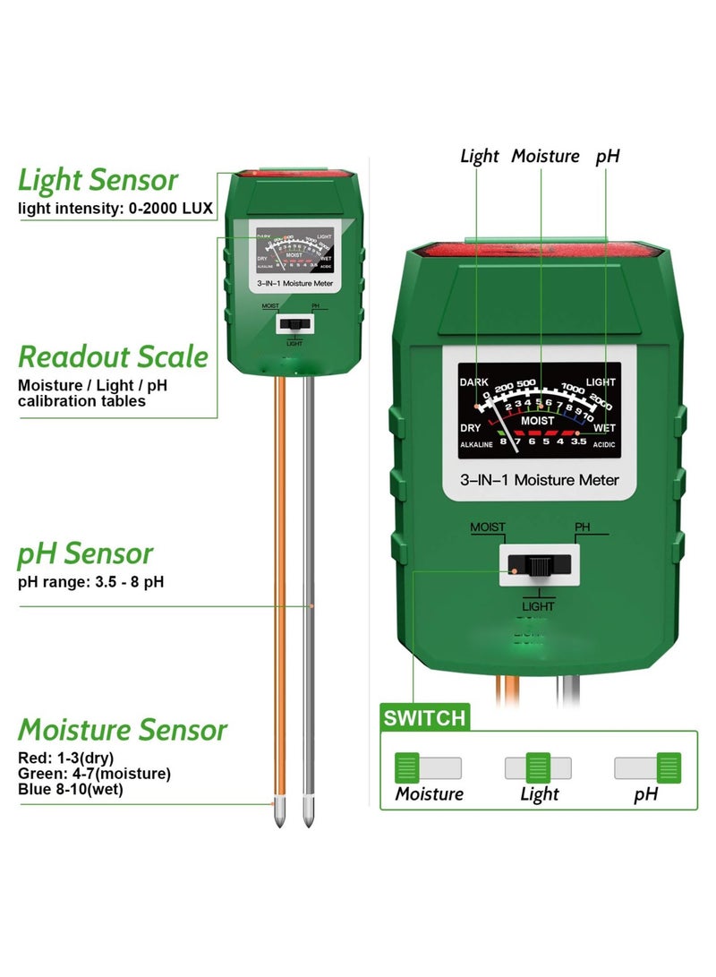 SOLARAE Soil Tester, 3-in-1 Soil Moisture/Light/pH Meter, Gardening Lawn Farm Test Kit Tool, Digital Plant Probe, Water Hydrometer Sunlight Tester for Indoor Outdoor, for Plant Care, Great for Garden, Lawn - Image 2
