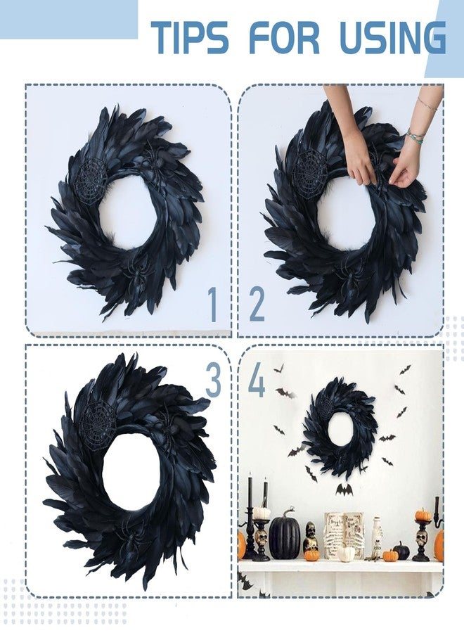 Egolot 18 Inch Halloween Black Feather Wreath for Front Door, Black Spider Web Wreath for Indoor and Outdoor, Black Wreath for Festival Home Decor - Image 5