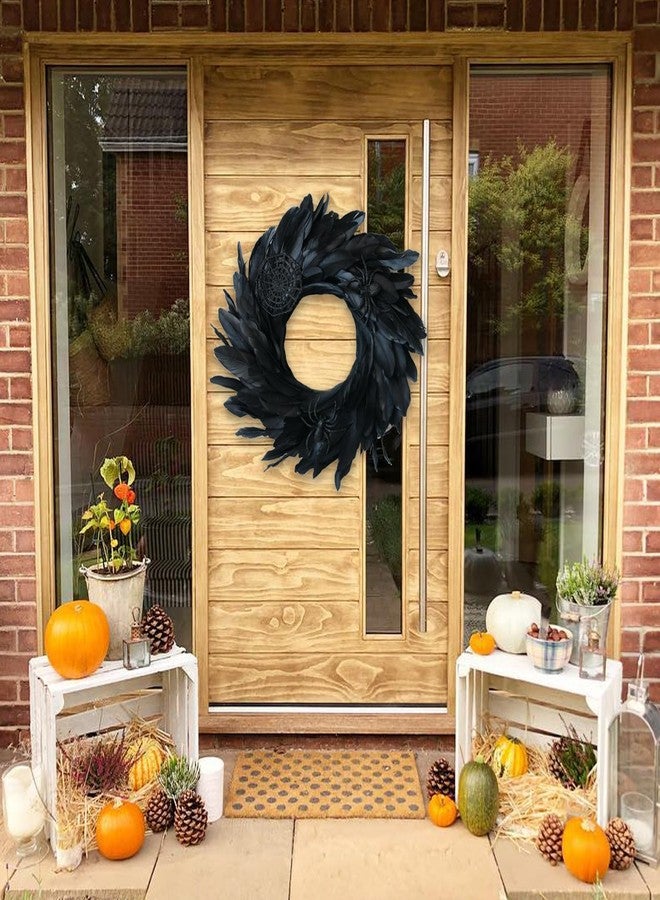 Egolot 18 Inch Halloween Black Feather Wreath for Front Door, Black Spider Web Wreath for Indoor and Outdoor, Black Wreath for Festival Home Decor - Image 4