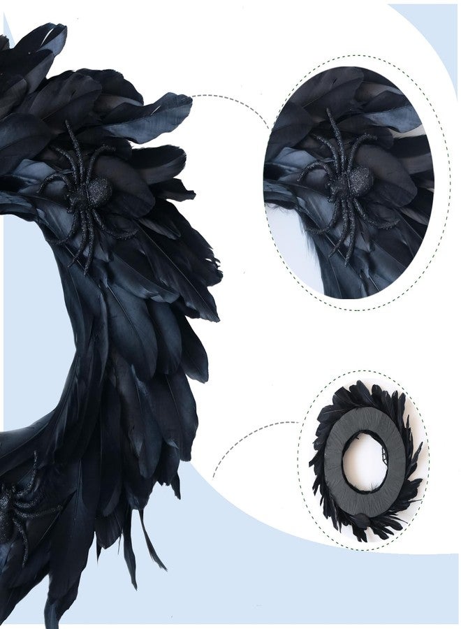 Egolot 18 Inch Halloween Black Feather Wreath for Front Door, Black Spider Web Wreath for Indoor and Outdoor, Black Wreath for Festival Home Decor - Image 2