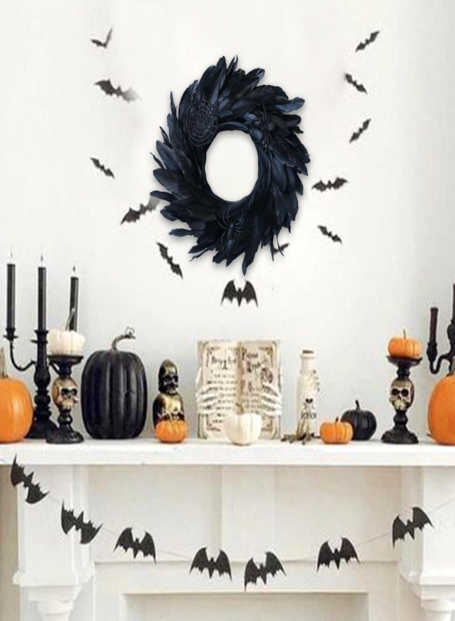 Egolot 18 Inch Halloween Black Feather Wreath for Front Door, Black Spider Web Wreath for Indoor and Outdoor, Black Wreath for Festival Home Decor - Image 3