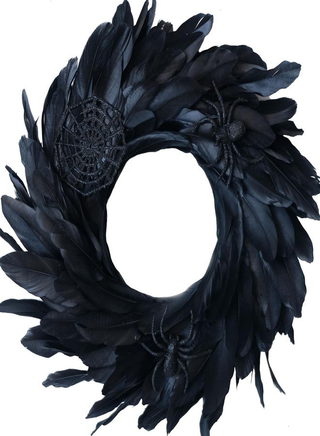 Egolot 18 Inch Halloween Black Feather Wreath for Front Door, Black Spider Web Wreath for Indoor and Outdoor, Black Wreath for Festival Home Decor - Image 1
