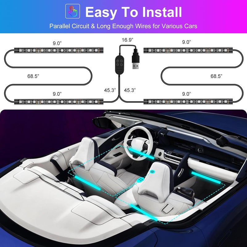 Hovano LED Car Lights with APP Control, RGB Interior Lighting, 48 LEDs, USB Powered - Image 3