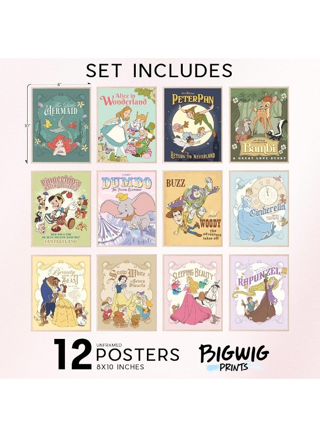 BigWig Prints Princess Wall Art, Nursery Decor, Princess Room Decor Nursery Artwork, Vintage Bambi Cinderella Little Mermaid Dumbo Pinocchio Snow White Peter Pan Beauty Beast - Unframed Set Of 12 - Image 2