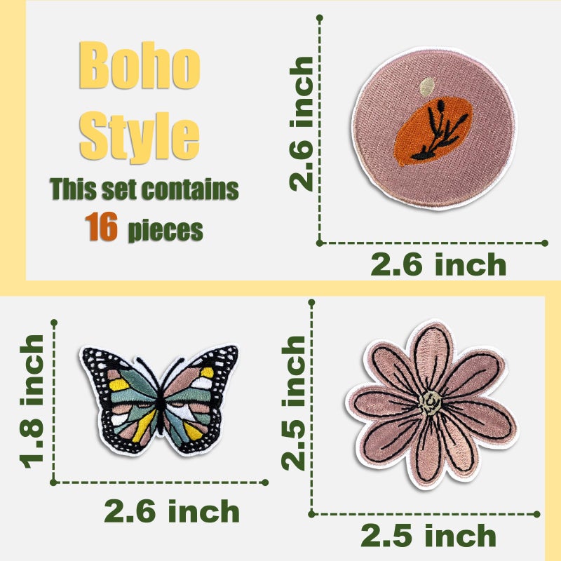 Cazzon Boho Girly Iron On Patches, Cute Embroidery Applique Patch, DIY Decorative Heat Press Patches for Jeans Jackets Clothing Backpacks Hats (Boho1 16 Pcs) - Image 2