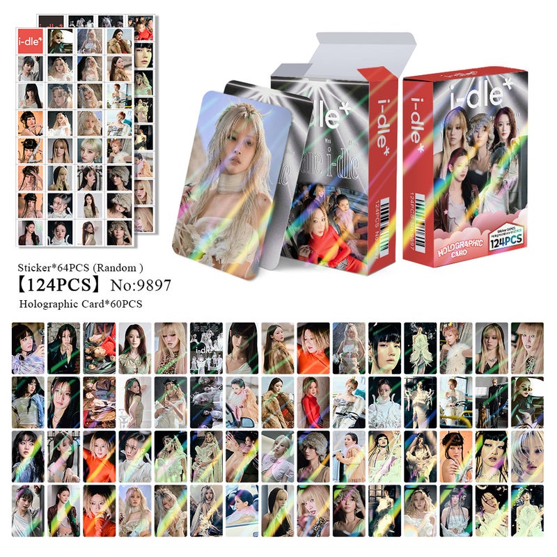 IDLE 124PCS Holographic Cards & Star Stickers Set – 60PCS Holographic LOMO Cards + 64PCS Random Celebrity Stickers for DIY Scrapbooking, Album Decoration, Journaling, and Birthday Gift for Teens
