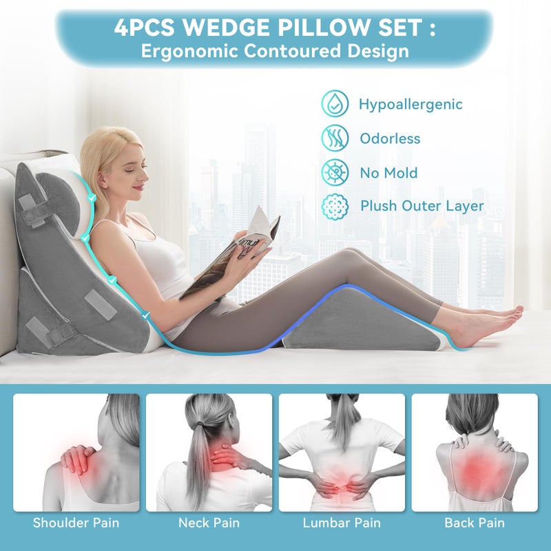 Kingfun 4PCS Orthopedic Bed Wedge Pillow Set for Sleeping, Post Surgery Memory Foam Support Pillows for Back, Neck and Leg Pain Relief, Adjustable Triangle Pillow - Acid Reflux, Anti Snoring & GERD - Image 4