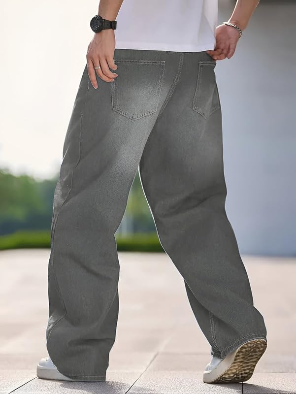 Waltz Men's High Waist Stretchable Grey Oversized Baggy Loose Relax Fit Wide Leg Boy Friend Casual Denim Jeans Pant for Men Size 32 - Image 2