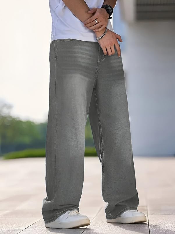 Waltz Men's High Waist Stretchable Grey Oversized Baggy Loose Relax Fit Wide Leg Boy Friend Casual Denim Jeans Pant for Men Size 32 - Image 3