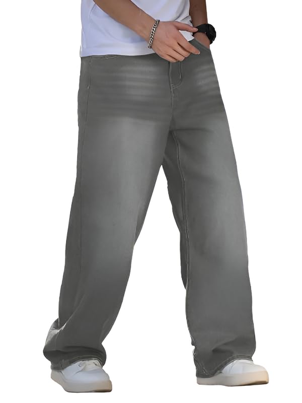 Waltz Men's High Waist Stretchable Grey Oversized Baggy Loose Relax Fit Wide Leg Boy Friend Casual Denim Jeans Pant for Men Size 32 - Image 1