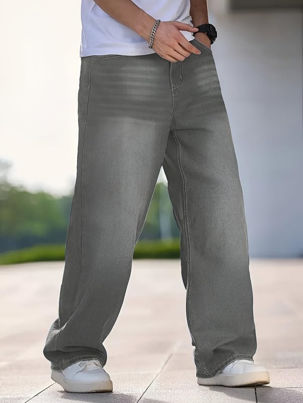 Waltz Men's High Waist Stretchable Grey Oversized Baggy Loose Relax Fit Wide Leg Boy Friend Casual Denim Jeans Pant for Men Size 32 - Image 5