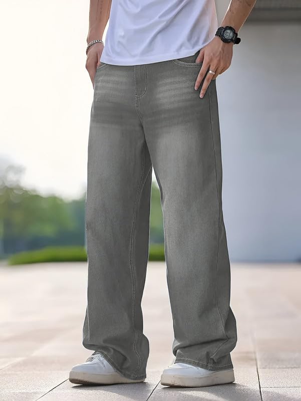 Waltz Men's High Waist Stretchable Grey Oversized Baggy Loose Relax Fit Wide Leg Boy Friend Casual Denim Jeans Pant for Men Size 32 - Image 4