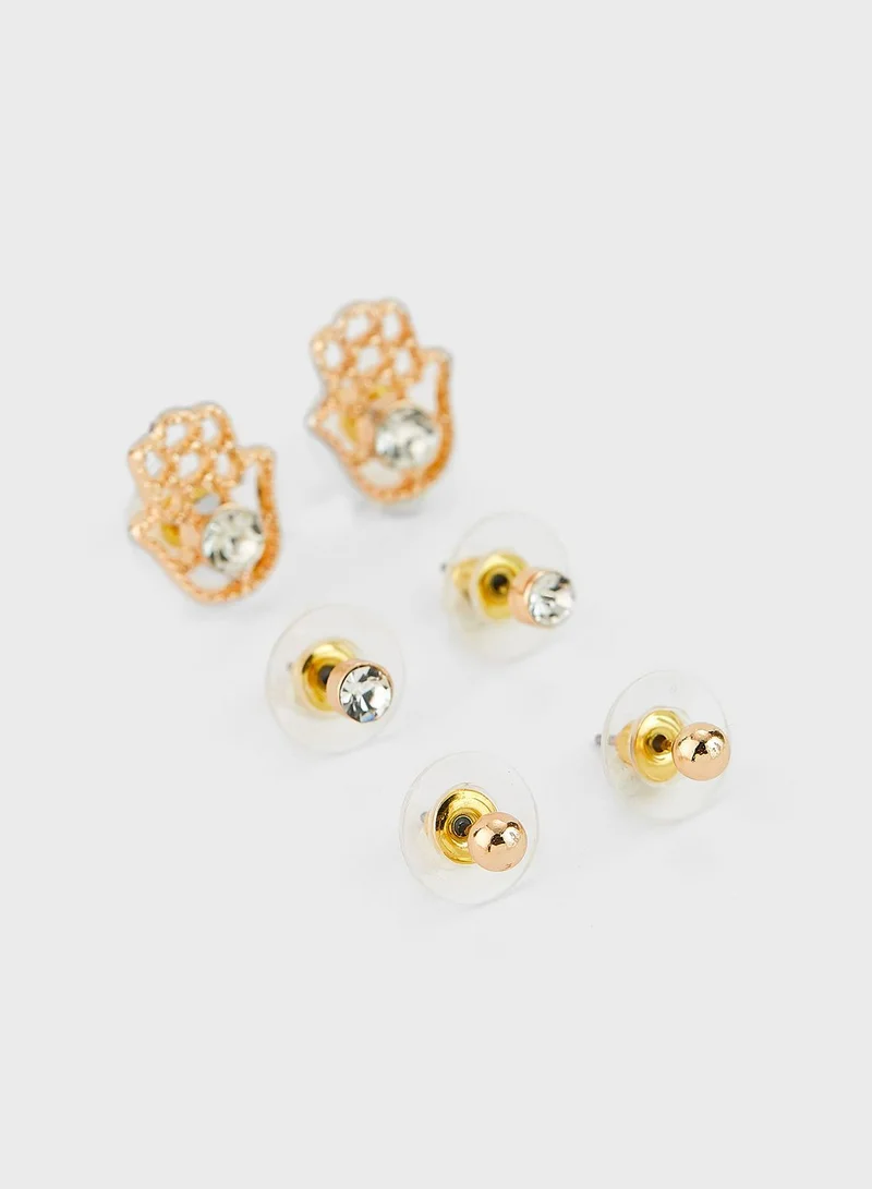 Ginger 3 Pack Hamsa Hand Stud Earrings