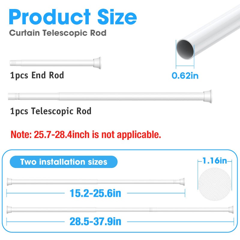 MEXAU 2Pack White Tension Curtain Rods18 to 36 Inch,Spring Loaded Curtain Rods No Drilling,Small Tension Rod for Windows Door Closet,Pressure Rod - Image 2