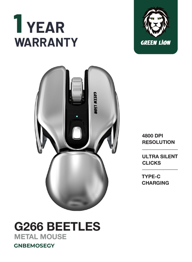 GREEN LION Beetles Metal Mouse / Ultra Silent Click /4800DPI Resolution/ Ergonomic Design/Type-C Charging / Energy Efficient / 3 Sleep Modes - Grey - Image 1