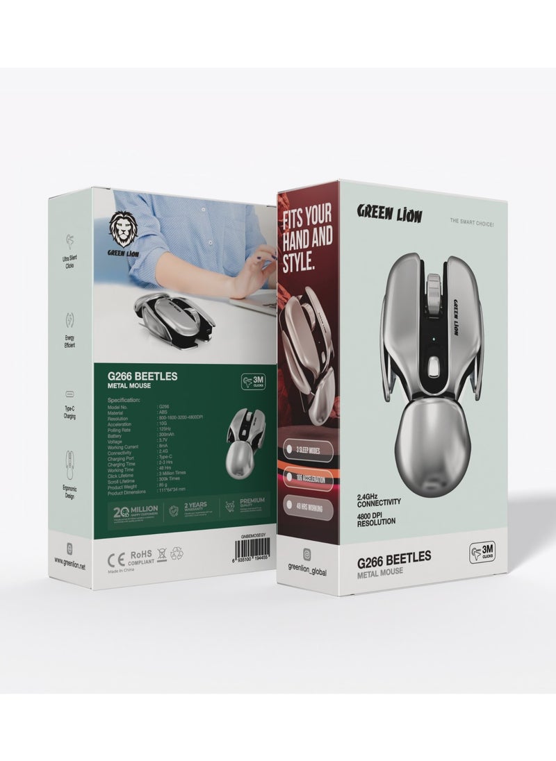 GREEN LION - Beetles Metal Mouse / Ultra Silent Click /4800DPI Resolution/ Ergonomic Design/Type-C Charging / Energy Efficient / 3 Sleep Modes - Grey - Image 1