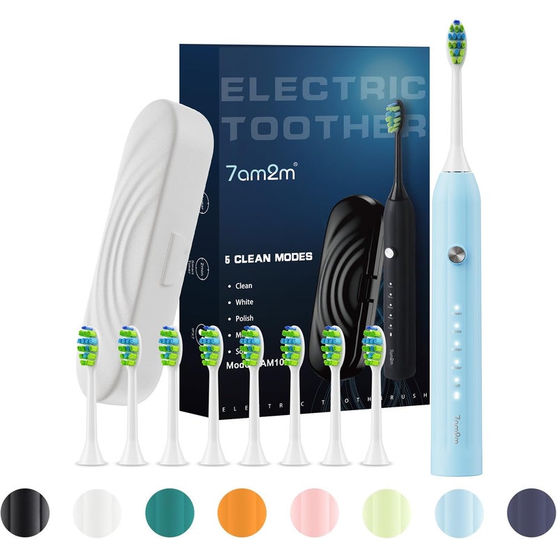 7AM2M Sonic Electric Toothbrush for Adults and Kids with 8 Brush Heads and Travel Case5 Modes with 2 Minutes Build in Smart Timer One Charge Use for 90 Days Rechargeable Toothbrushes Light Blue