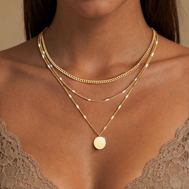 WomenGifts Layered Gold Necklaces for Women, 14K Gold Plated Dainty Coin Pendant Necklace Set with Statement Circle, Chunky Stackable Cuban Chain Choker, Trendy Waterproof Jewelry Gift - Image 2