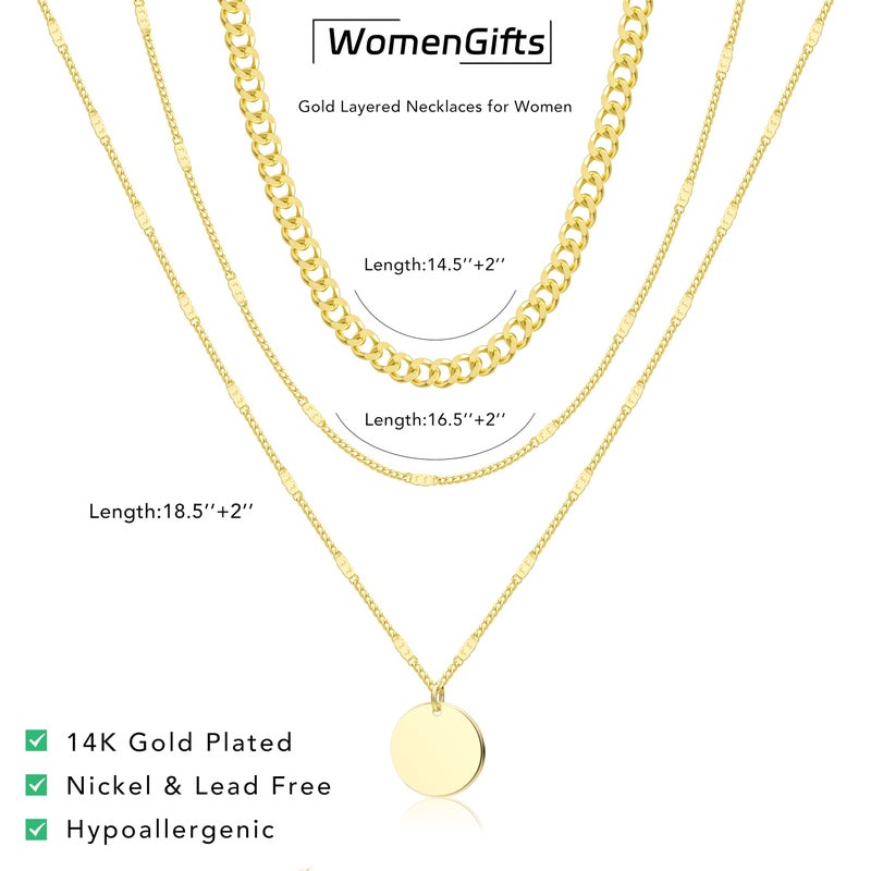 WomenGifts Layered Gold Necklaces for Women, 14K Gold Plated Dainty Coin Pendant Necklace Set with Statement Circle, Chunky Stackable Cuban Chain Choker, Trendy Waterproof Jewelry Gift - Image 5
