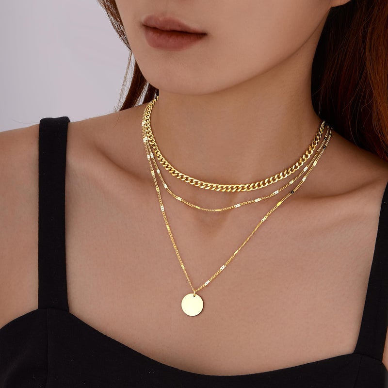 WomenGifts Layered Gold Necklaces for Women, 14K Gold Plated Dainty Coin Pendant Necklace Set with Statement Circle, Chunky Stackable Cuban Chain Choker, Trendy Waterproof Jewelry Gift - Image 3
