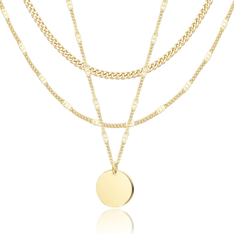 WomenGifts Layered Gold Necklaces for Women, 14K Gold Plated Dainty Coin Pendant Necklace Set with Statement Circle, Chunky Stackable Cuban Chain Choker, Trendy Waterproof Jewelry Gift - Image 1