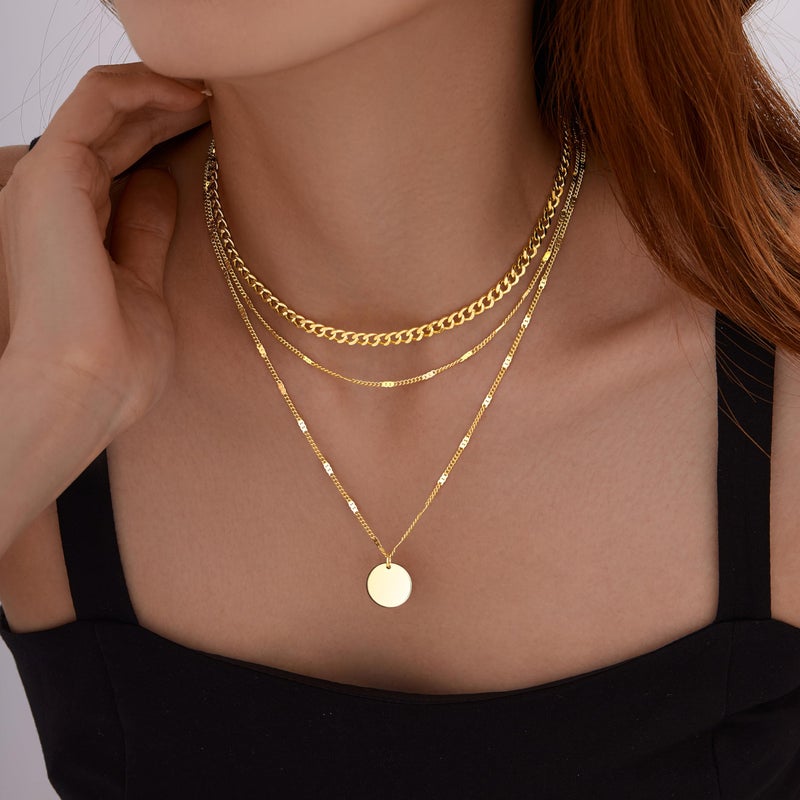 WomenGifts Layered Gold Necklaces for Women, 14K Gold Plated Dainty Coin Pendant Necklace Set with Statement Circle, Chunky Stackable Cuban Chain Choker, Trendy Waterproof Jewelry Gift - Image 4