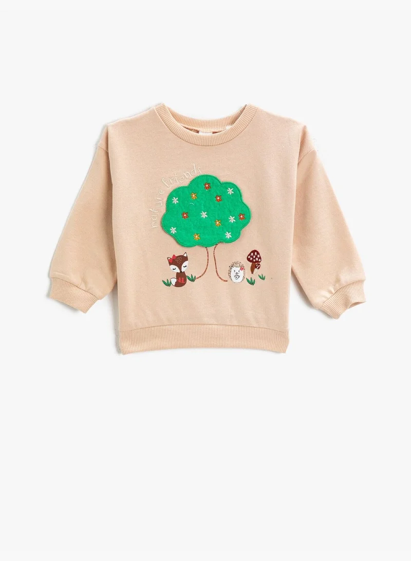 KOTON Printed Embroidered Sweatshirt Crew Neck Cotton