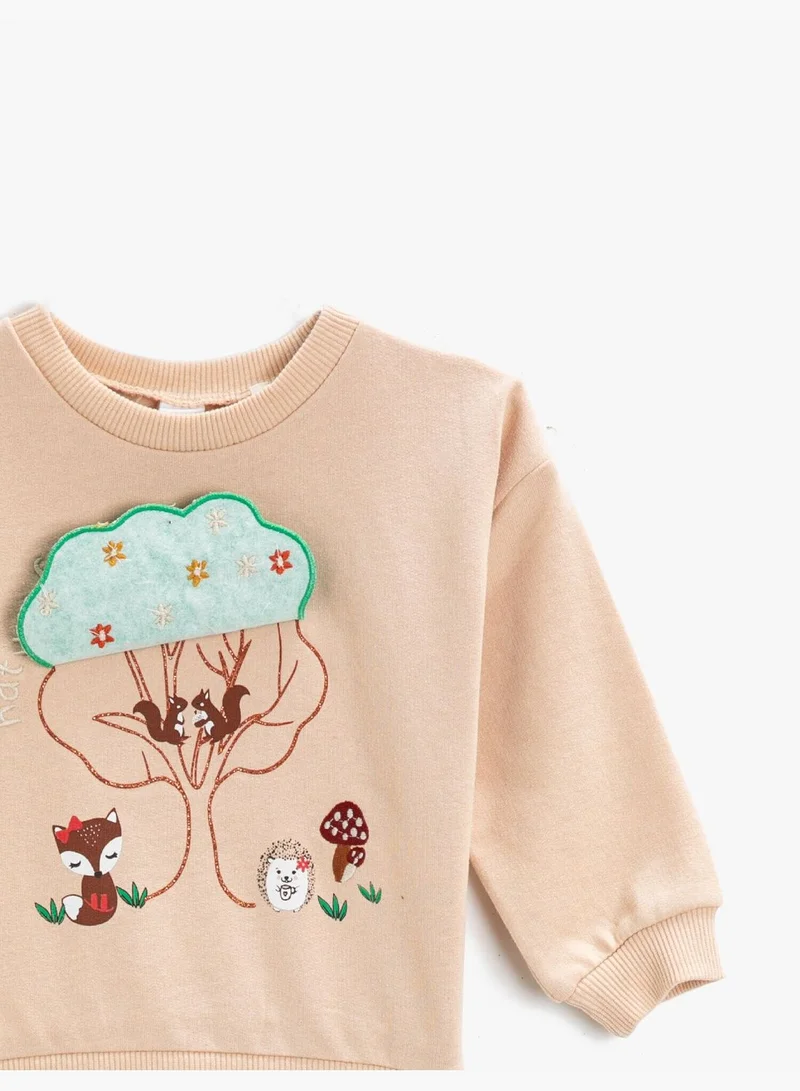 KOTON Printed Embroidered Sweatshirt Crew Neck Cotton