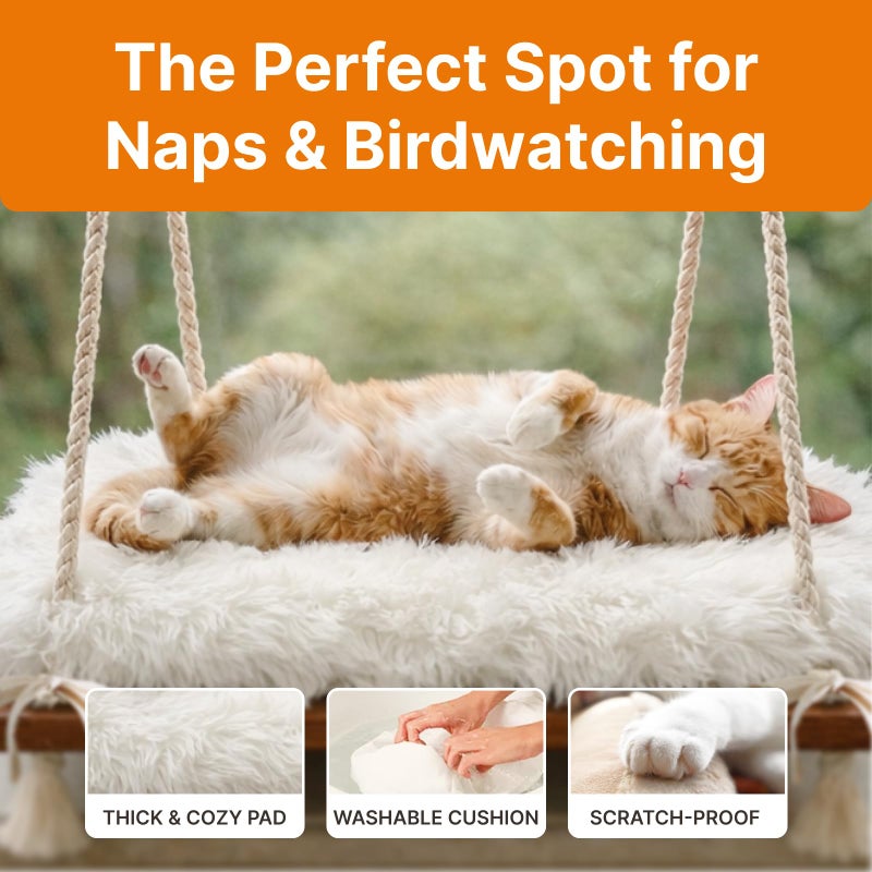 Furrfinity Cat Hammock with Industrial-Grade Suction Cups - Solid Pine Wood Seat, Soft Cushion - 42 lb Capacity - Image 4