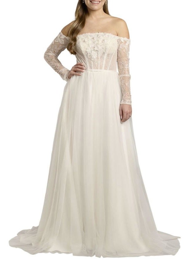 David's Bridal فستان زفاف A-Line كورسيه تول بدون أكتاف، أبيض ناعم، 14 - Image 1