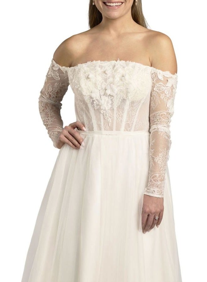 David's Bridal فستان زفاف A-Line كورسيه تول بدون أكتاف، أبيض ناعم، 14 - Image 3